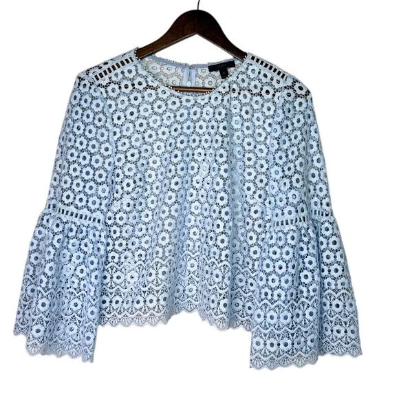 J. Crew Daisy Eyelet Bell Sleeve Blouse Jewel Neck Back Zip Up 10 Baby Blue - Picture 2 of 15